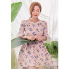 Elbow-sleeve Floral Print A-line Mini Dress
