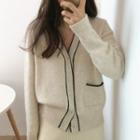 V-neck Color-block Over-sized Knitted Cardigan Almond - One Size