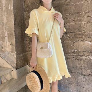 Short-sleeve Ruffle Trim Polo Shirt Dress Yellow - One Size