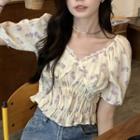 Short-sleeve V-neck Floral Cropped Blouse Purple Floral - Almond - One Size
