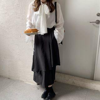 Ribbon Tie-neck Blouse / Midi A-line Dress