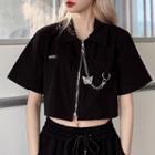 Short-sleeve Collared Zipped Cropped T-shirt