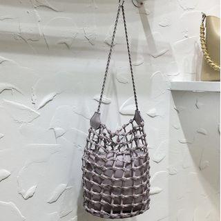 Set: Faux Leather Woven Bucket Bag + Pouch