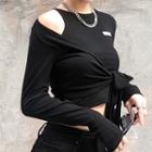 Plain Off-shoulder Perforated Long-sleeve T-shirt