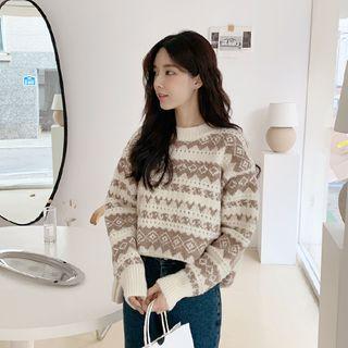 Nordic-pattern Boxy Sweater Cocoa - One Size