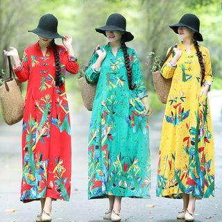 Print Long-sleeve Chinese Knot Button Midi Dress