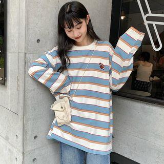 Long-sleeve Embroidered Striped T-shirt Stripes - Blue & White - One Size