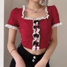 Square Neck Lace Trim Bow-front Cropped Top