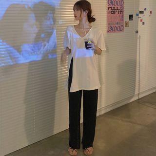 Slit Elbow-sleeve T-shirt / Wide Leg Pants