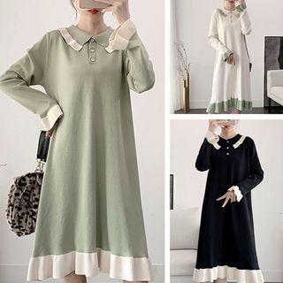 Contrast Trim Long-sleeve Midi Knit Collared Dress