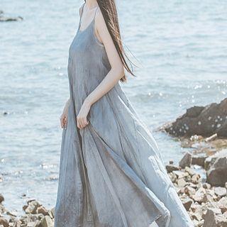Spaghetti Strap Tie-dyed A-line Dress Gray - One Size