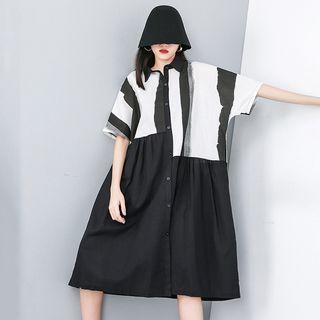 Striped Panel Elbow-sleeve Shirt Dress Black - One Size