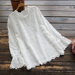 Bell-sleeve Flower Accent Top White - One Size