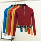 Lettering Mock-neck Half-zip Knit Top