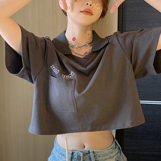 Short-sleeve Collar Lettering Cropped T-shirt