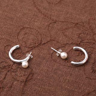 Faux Pearl Sterling Silver Open Hoop Earring 1 Pair - Silver - One Size
