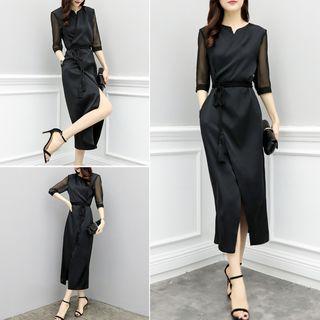 Elbow-sleeve Midi Sheath Dress