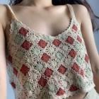 Crochet Knit Camisole Top Check - Brown & Light Brown - One Size