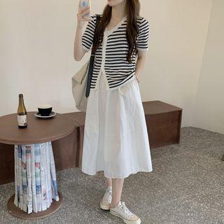 Short-sleeve Striped Top + Plain A-line Midi Skirt