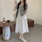 Short-sleeve Striped Top + Plain A-line Midi Skirt