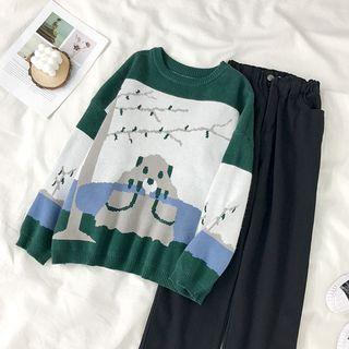 Printed Long-sleeve Sweater As Shown In Figure - One Size