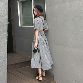 Cutout Back Plaid Short-sleeve A-line Dress