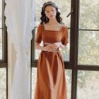 Square-neck Lace-up Midi A-line Dress