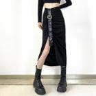 High-waist Belt Accent Slit Midi Skirt
