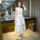Flower Applique Butterfly Print Midi Cocktail Dress