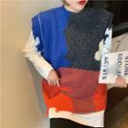 Color-block Loose-fit Knit Vest / Distressed Long-sleeve T-shirt