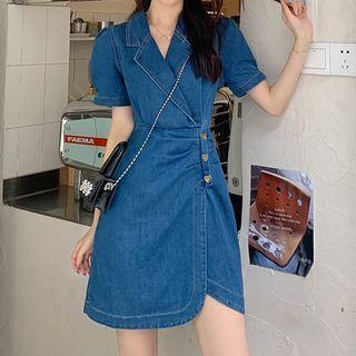 Puff-sleeve Notch Lapel Denim Mini A-line Dress