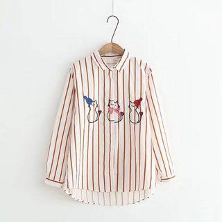 Single-breasted Long-sleeved Floral Print Striped Blouse