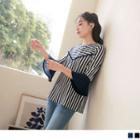 Bell-elbow-sleeve Striped Contrast Trim Blouse