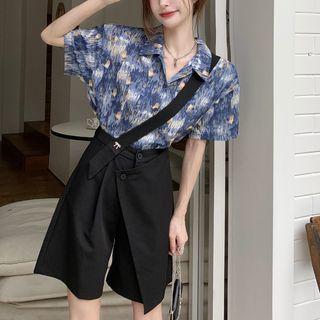 Short-sleeve Tie-dye Hawaiian Shirt / One-shoulder Suspender Shorts