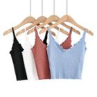 V-neck Ribbed-knit Ruffled-trim Crop Camisole Top
