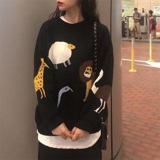 Long-sleeve Animal Embroidered Knit Top As Shown In Figure - One Size