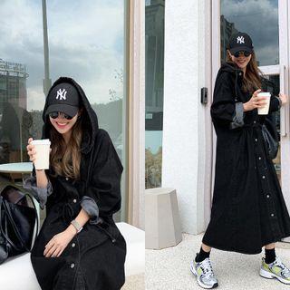 Hooded Drawstring-waist Denim Maxi Shirtdress Black - One Size