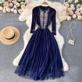 Mock Two-piece Color Block Knit Mesh Panel Dress