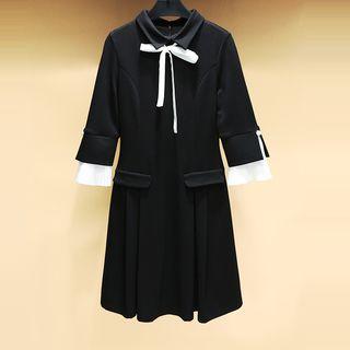 Color Panel Bow Accent Collared Elbow Sleeve Dress
