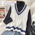 Contrast Trim Chunky Knit Vest Stripe - White & Blue - One Size