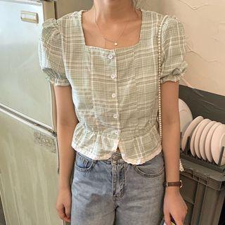 Plaid Short-sleeve Shirt Green - One Size