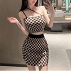 Set: Checkerboard Cropped Camisole Top + Mini Pencil Skirt