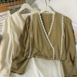 Lace-trim Double-breasted Crop Shirt