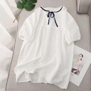 Short-sleeve Ribbon Blouse White - One Size