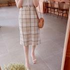 Band-waist Checked Linen Blend Skirt Light Beige - One Size