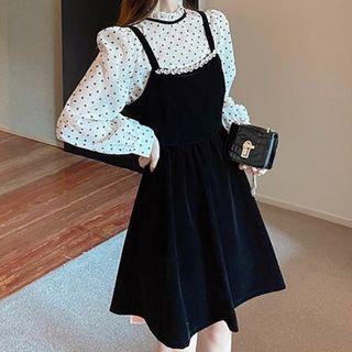 Set: Frill Trim Dotted Blouse + Velvet A-line Overall Dress