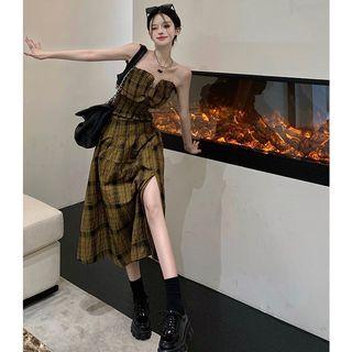 Plaid Smocked Tube Top / Side-slit Midi Skirt
