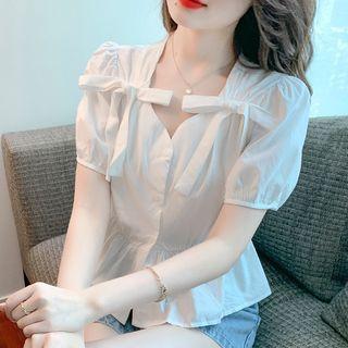 Puff Sleeve V-neck Bow Accent Peplum Blouse