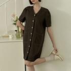 V-neck Button-up Stitched Dress