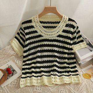 Eyelet Striped Loose Knit Top Almond - One Size